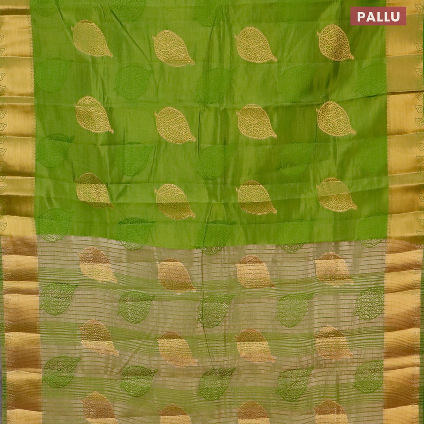 Semi raw silk saree mehendi green with thread & zari woven leaf buttas and zari woven border