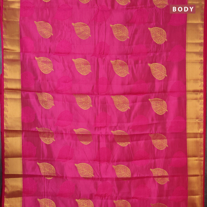 Semi raw silk saree magenta pink with thread & zari woven leaf buttas and zari woven border