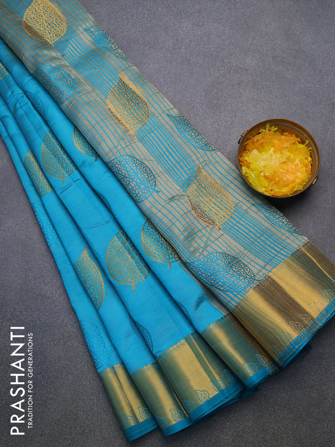 Semi raw silk saree teal blue with thread & zari woven leaf buttas and zari woven border