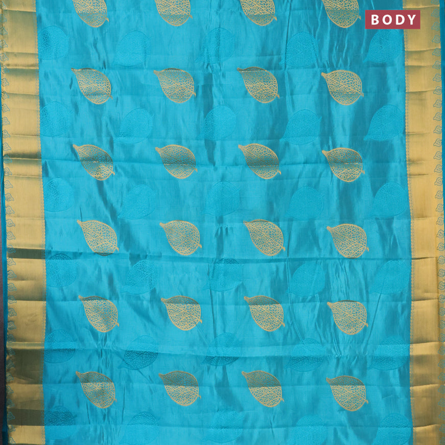 Semi raw silk saree teal blue with thread & zari woven leaf buttas and zari woven border