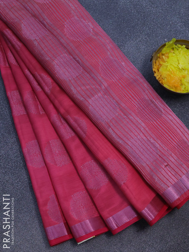 Semi raw silk saree pink with allover pink zari woven buttas and small pink zari woven border