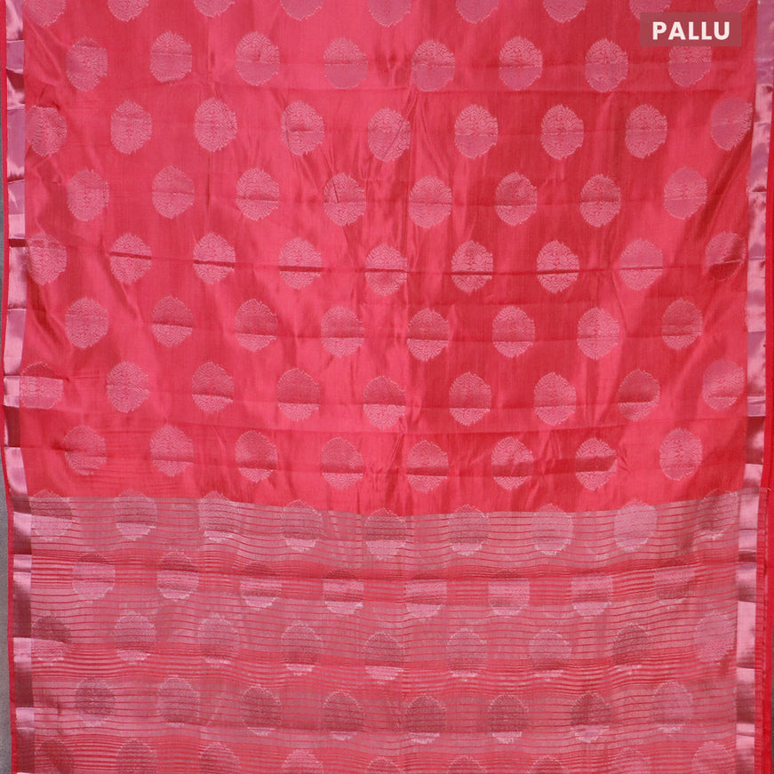 Semi raw silk saree pink with allover pink zari woven buttas and small pink zari woven border