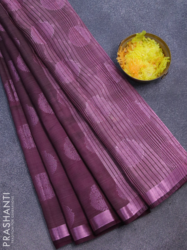 Semi raw silk saree wine shade with allover pink zari woven buttas and small pink zari woven border