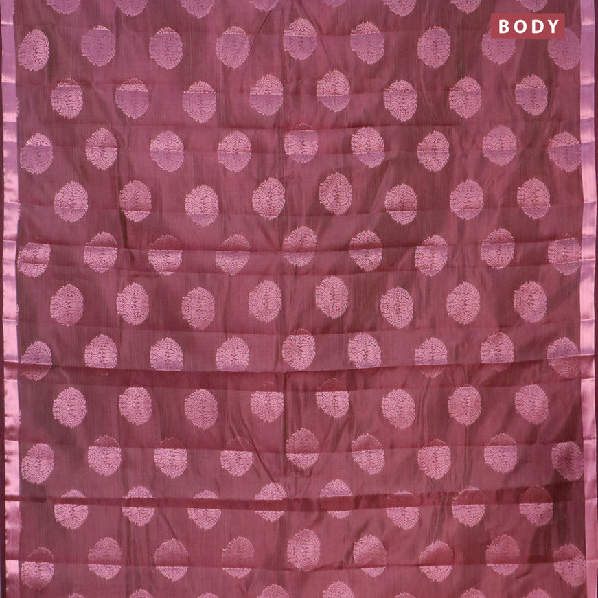 Semi raw silk saree wine shade with allover pink zari woven buttas and small pink zari woven border