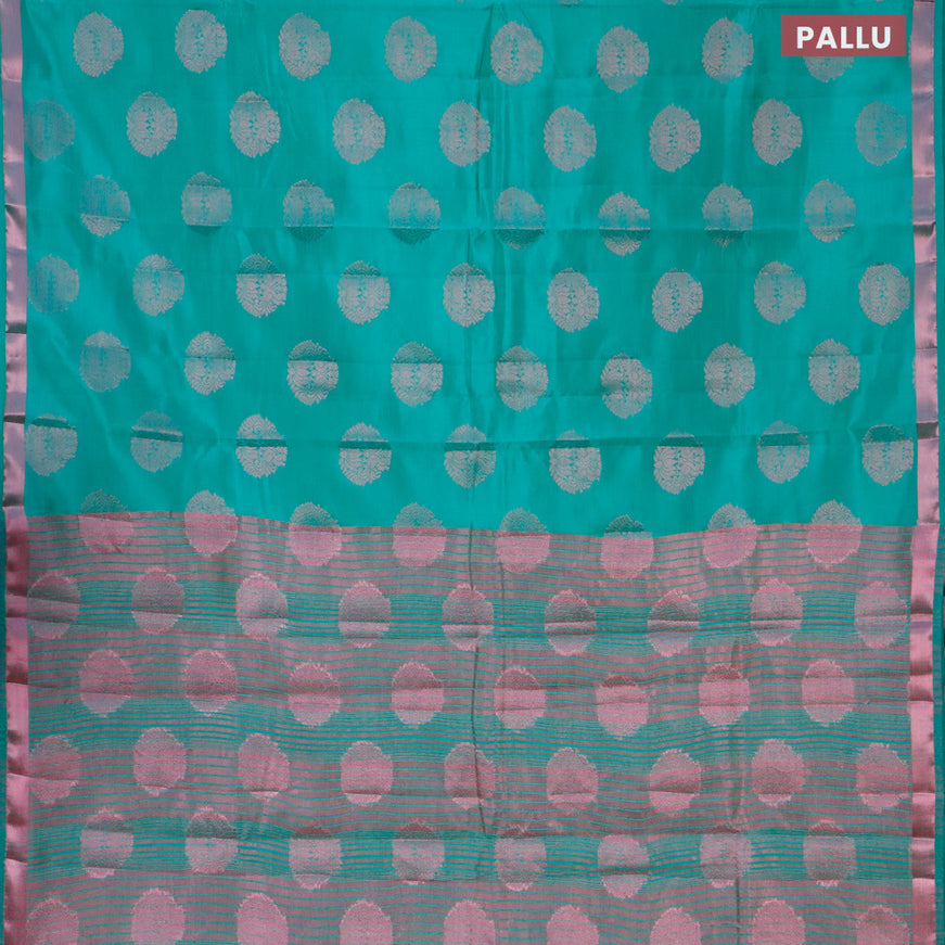 Semi raw silk saree teal green with allover pink zari woven buttas and small pink zari woven border