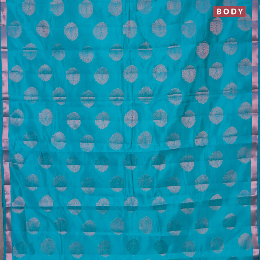 Semi raw silk saree teal blue with allover pink zari woven buttas and small pink zari woven border