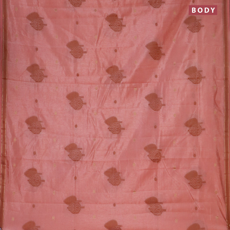 Semi raw silk saree peach shade with thread & zari woven buttas and small zari woven border