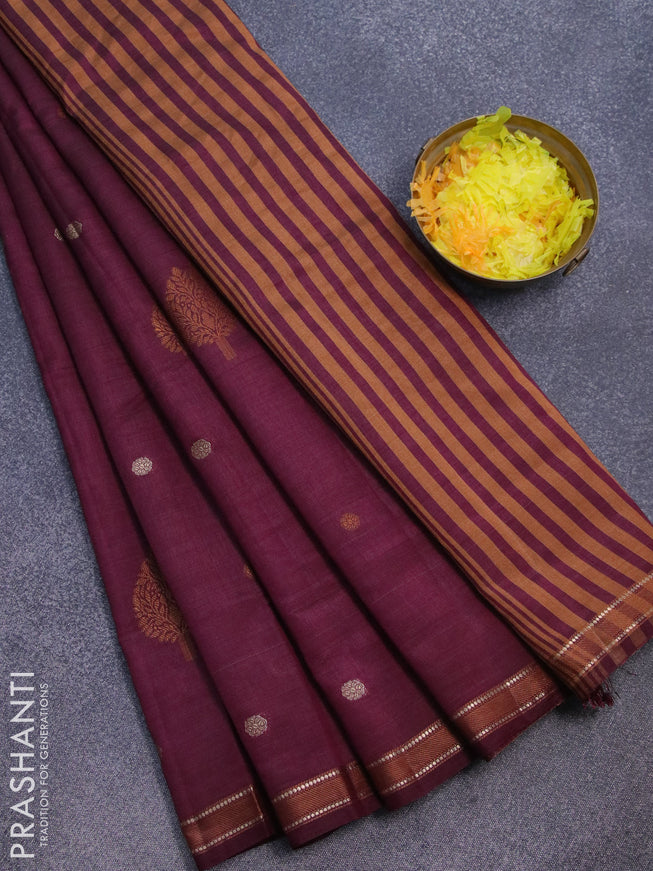 Semi raw silk saree wine shade with thread & zari woven buttas and small zari woven border