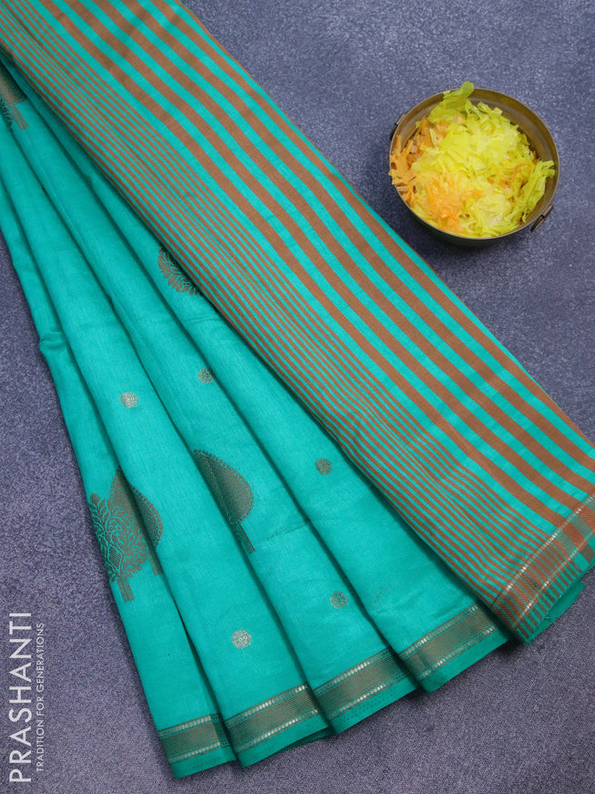 Semi raw silk saree teal green with thread & zari woven buttas and small zari woven border