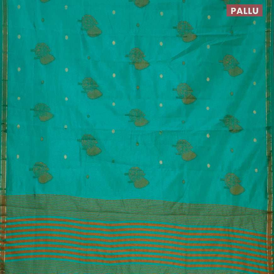 Semi raw silk saree teal green with thread & zari woven buttas and small zari woven border