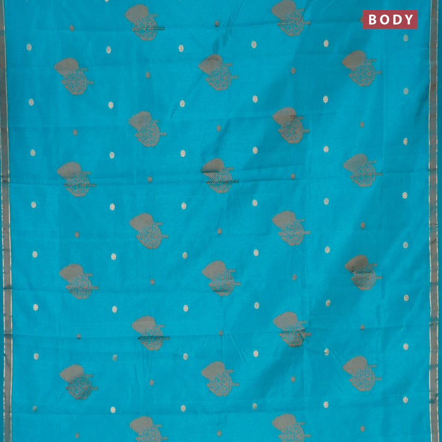 Semi raw silk saree teal blue with thread & zari woven buttas and small zari woven border