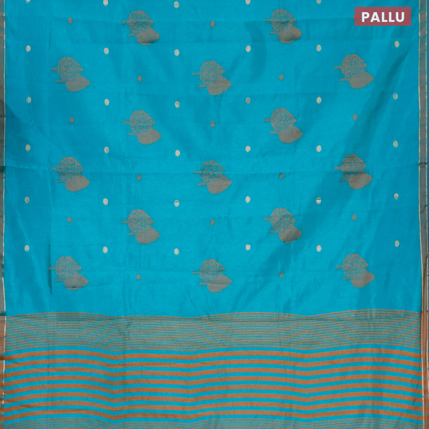 Semi raw silk saree teal blue with thread & zari woven buttas and small zari woven border