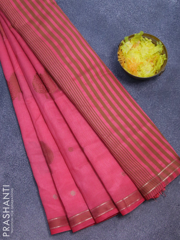 Semi raw silk saree peach pink with thread & zari woven buttas and small zari woven border