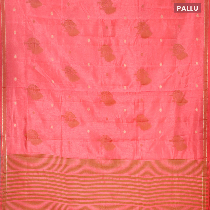 Semi raw silk saree peach pink with thread & zari woven buttas and small zari woven border