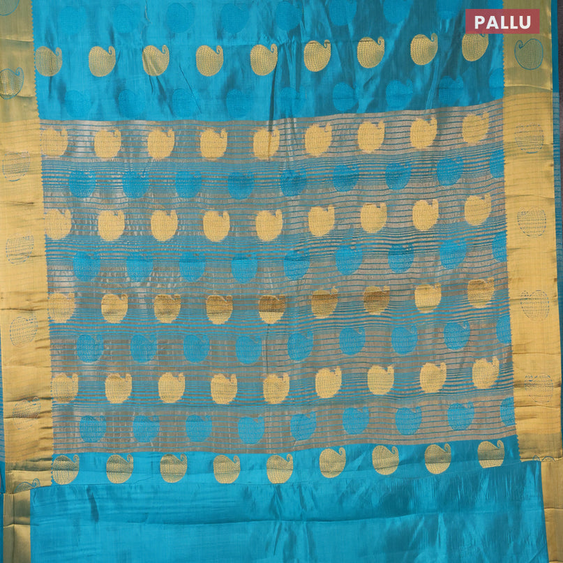Semi raw silk saree cs blue with thread & zari woven paisley buttas and zari woven border