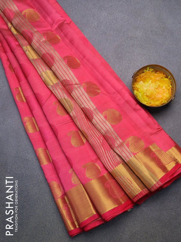 Semi raw silk saree pink with thread & zari woven paisley buttas and zari woven border