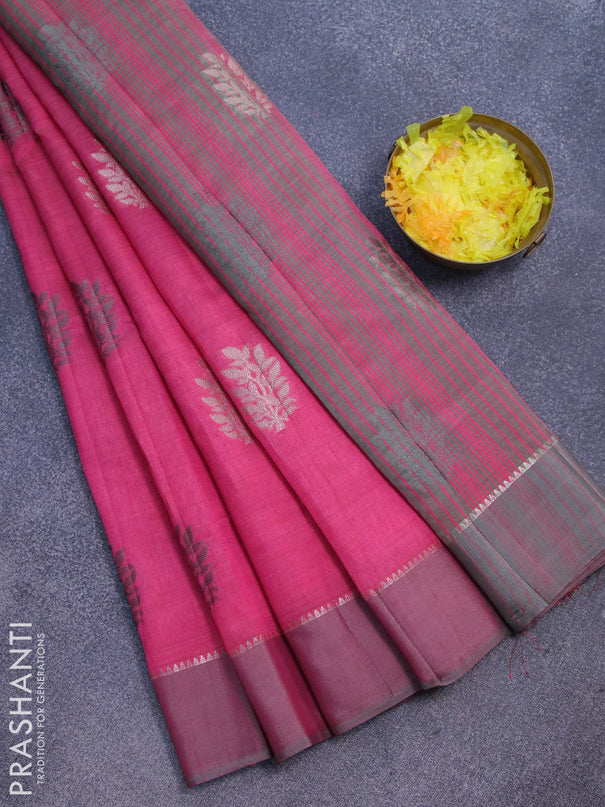 Semi raw silk saree pink with thread & zari woven leaf buttas and zari woven simple border