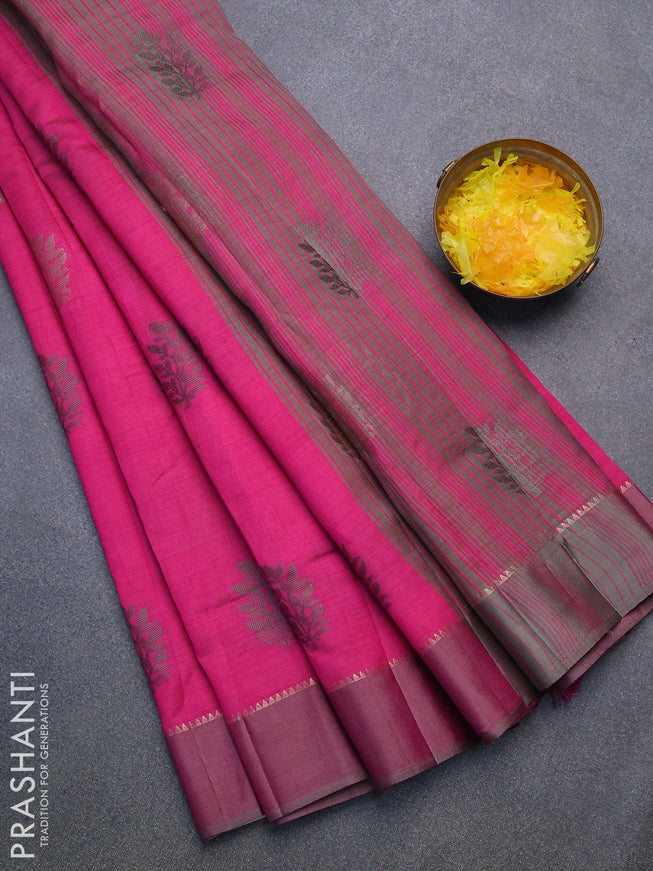 Semi raw silk saree magenta pink with thread & zari woven leaf buttas and zari woven simple border