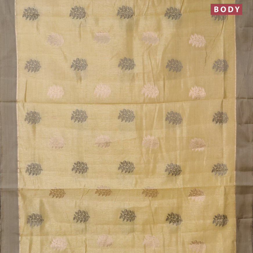 Semi raw silk saree sandal and grey shade with thread & zari woven leaf buttas and zari woven simple border