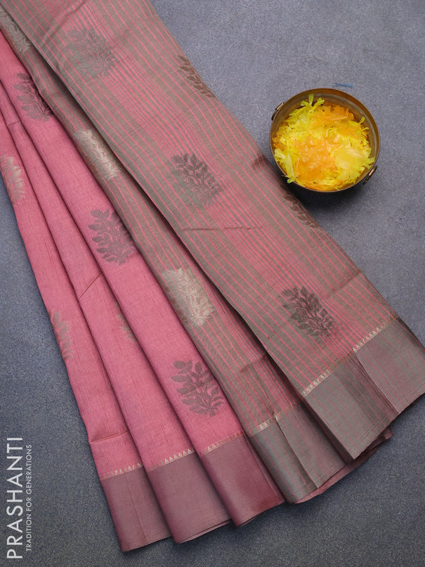 Semi raw silk saree pink shade with thread & zari woven leaf buttas and zari woven simple border