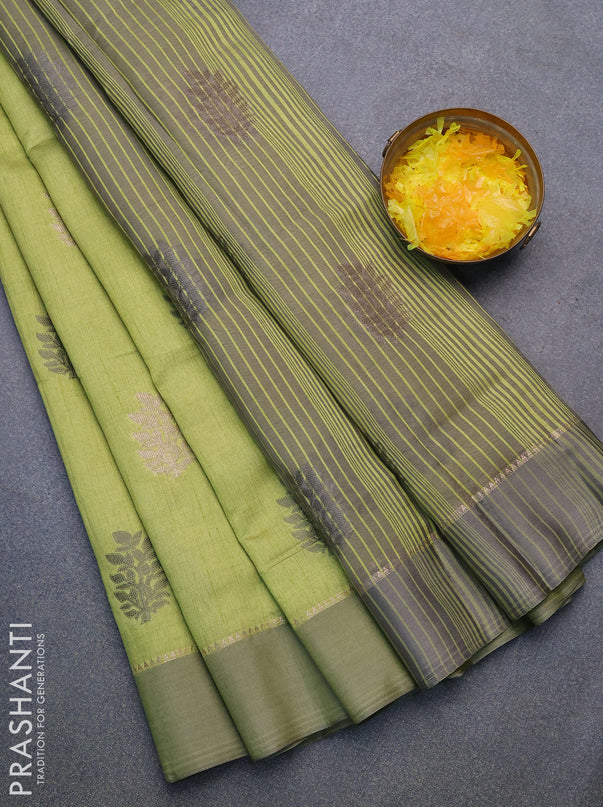 Semi raw silk saree light green with thread & zari woven leaf buttas and zari woven simple border