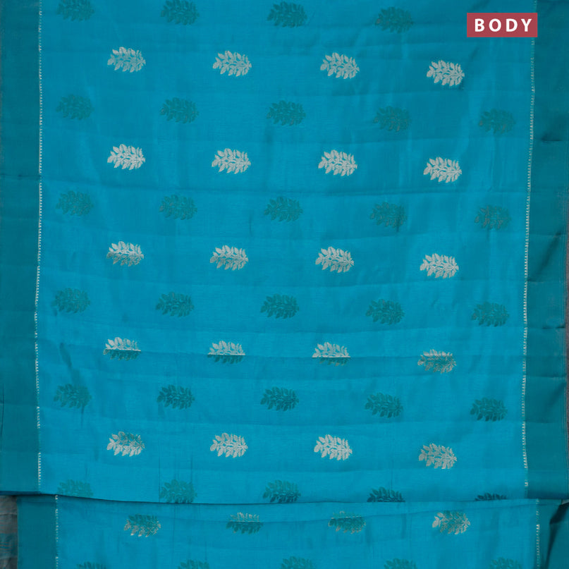 Semi raw silk saree teal blue with thread & zari woven leaf buttas and zari woven simple border