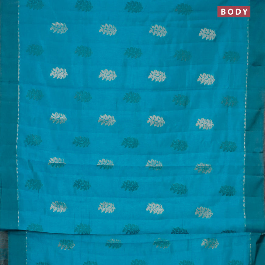 Semi raw silk saree teal blue with thread & zari woven leaf buttas and zari woven simple border