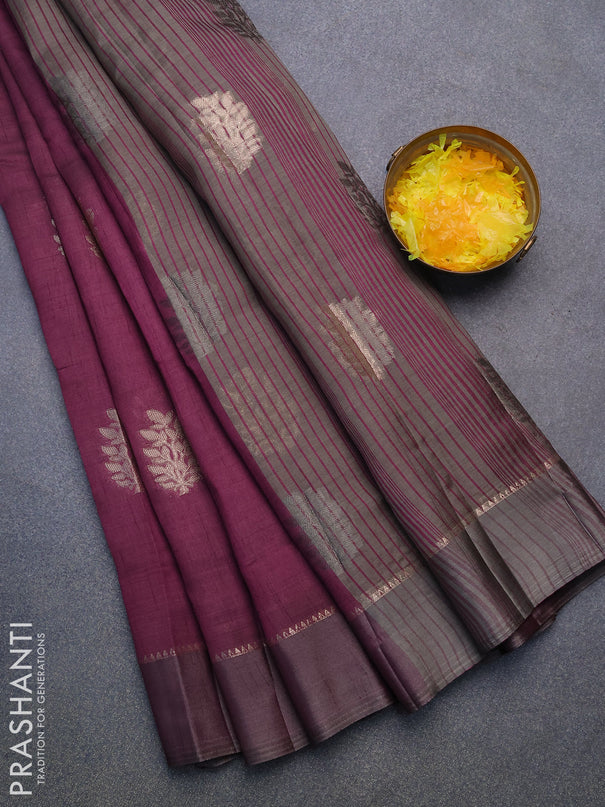 Semi raw silk saree wine shade with thread & zari woven leaf buttas and zari woven simple border