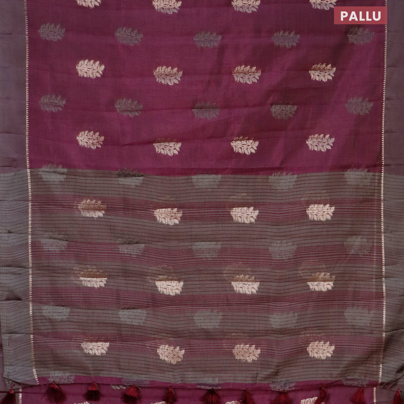 Semi raw silk saree wine shade with thread & zari woven leaf buttas and zari woven simple border