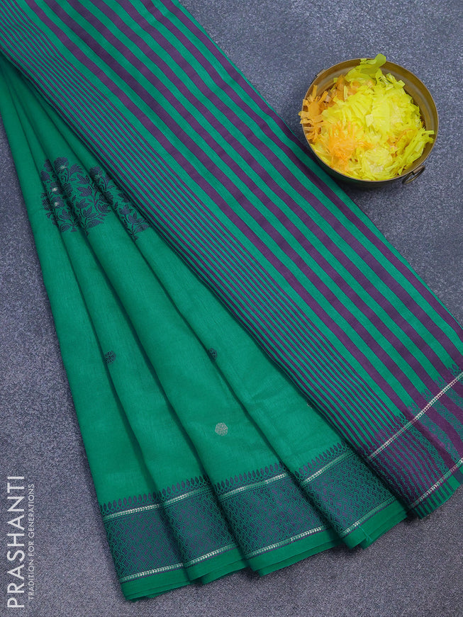 Semi raw silk saree teal green with thread & zari woven buttas and thread woven border