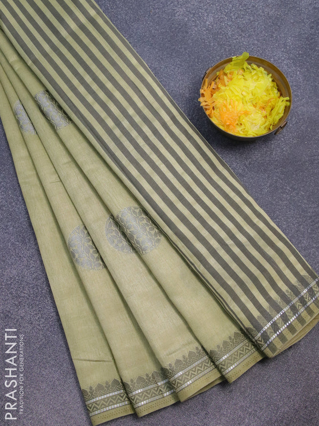 Semi raw silk saree elaichi green with thread & silver zari woven buttas and woven border