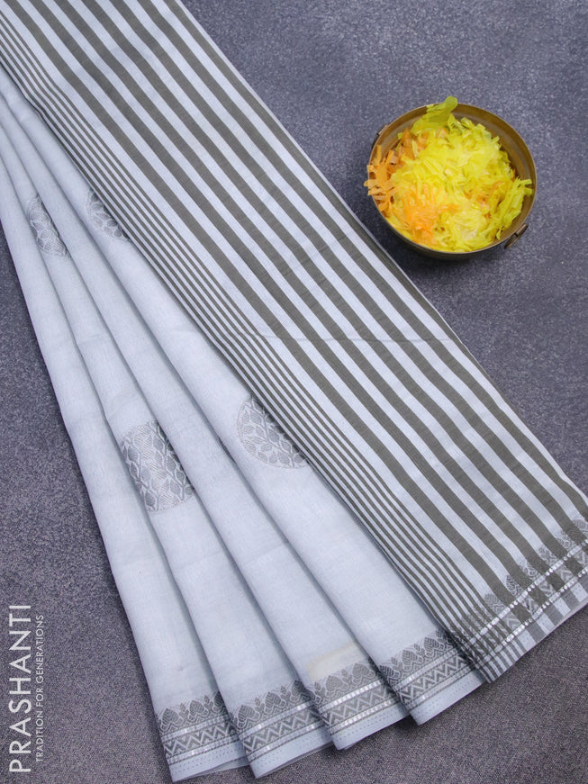 Semi raw silk saree pastel grey with thread & silver zari woven buttas and woven border