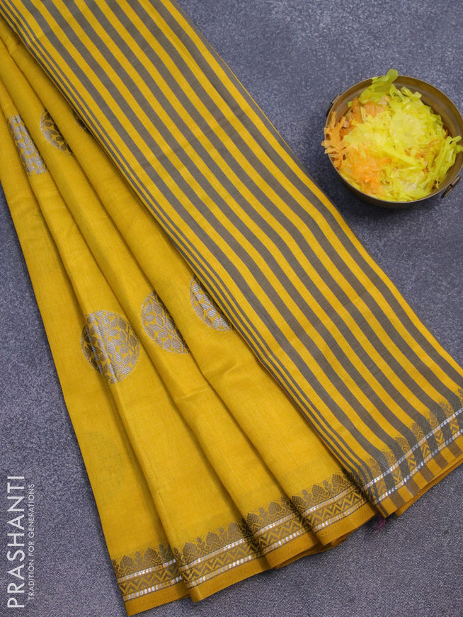 Semi raw silk saree mustard yellow with thread & silver zari woven buttas and woven border