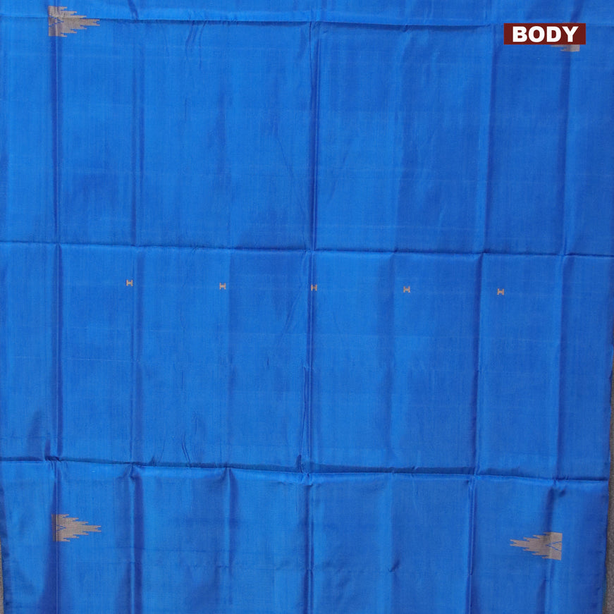 Banana pith saree royal blue and mamgo yellow with thread woven buttas in borderless style with blouse