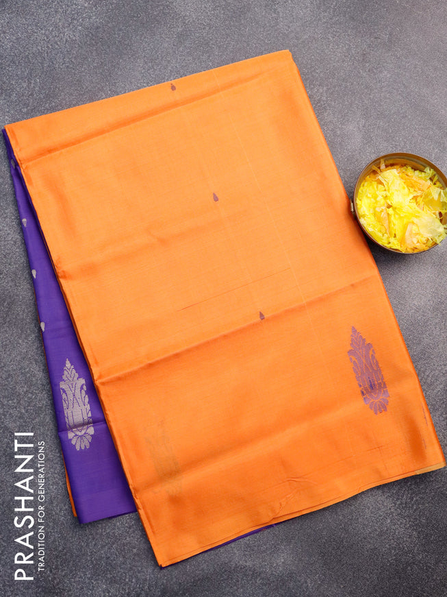 Banana pith saree orange and violet with thread woven buttas in borderless style with blouse