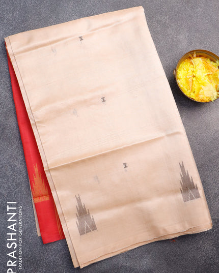 Banana pith saree cream and tomato pink with thread woven buttas in borderless style with blouse
