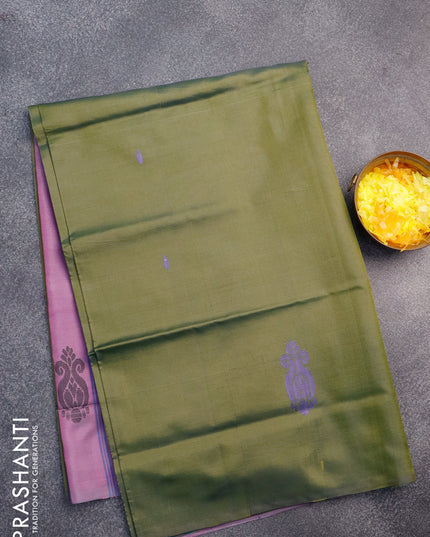 Banana pith saree mehendi green and purple shade with thread woven buttas in borderless style with blouse