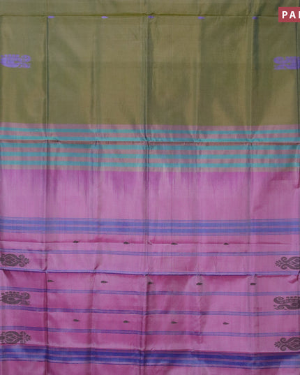 Banana pith saree mehendi green and purple shade with thread woven buttas in borderless style with blouse