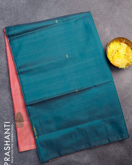 Banana pith saree bottle green and dual shade of pink with thread woven buttas in borderless style with blouse
