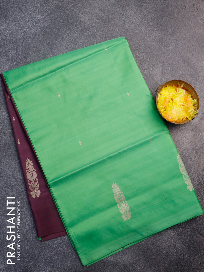 Banana pith saree green and deep wine shade with thread woven buttas in borderless style with blouse