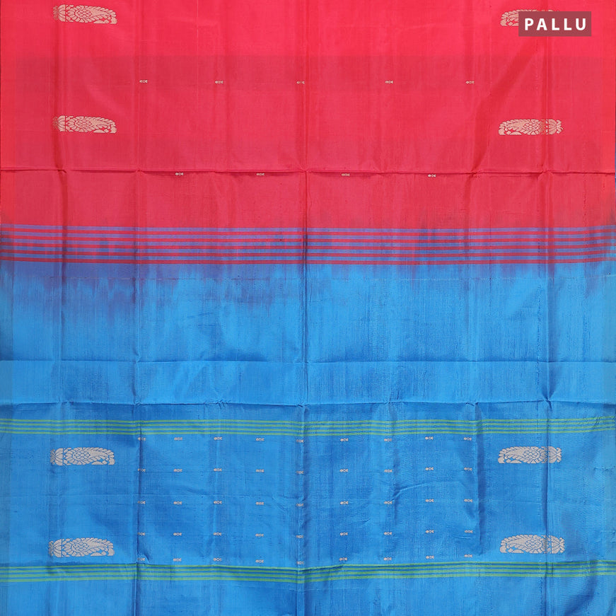 Banana pith saree red and cs blue with thread woven buttas in borderless style with blouse
