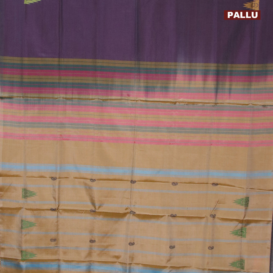 Banana pith saree dual shade of deep jamun and dark sandal with thread woven buttas in borderless style with blouse