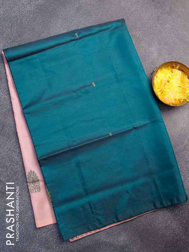 Banana pith saree bottle green and peachish pink with thread woven buttas in borderless style with blouse