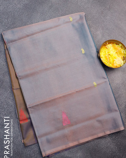 Banana pith saree dual shade of peachish green and dual shade of bluish mustard with thread woven buttas in borderless style with blouse