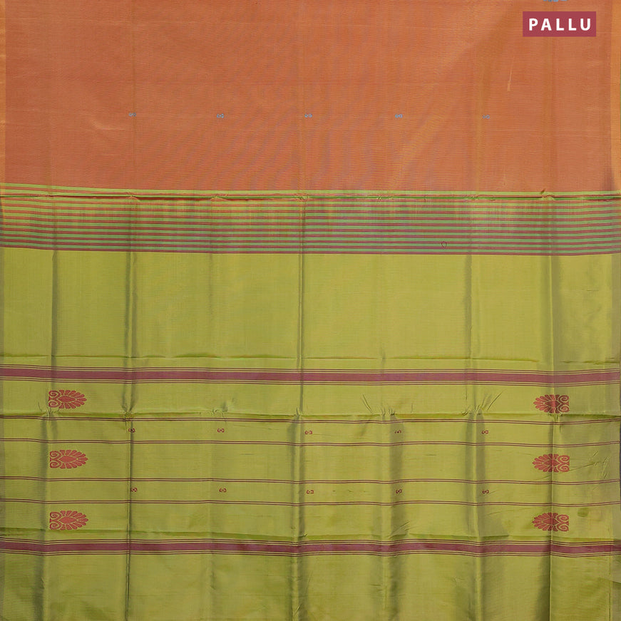 Banana pith saree dual shade of dark mustard and light green with thread woven buttas in borderless style with blouse