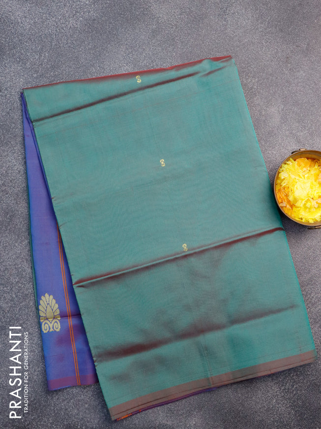 Banana pith saree dual shade of greenish maroon and dual shade of bluish maroon with thread woven buttas in borderless style with blouse