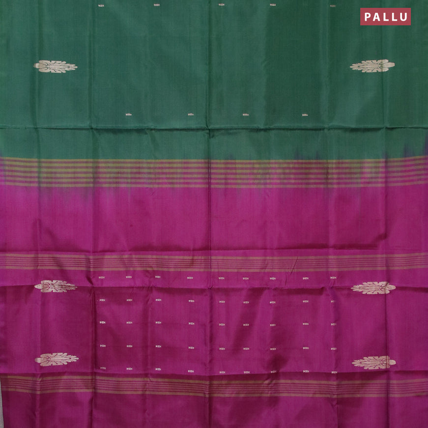 Banana pith saree bottle green and purple with thread woven buttas in borderless style with blouse