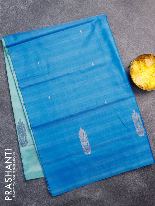 Banana pith saree cs blue and teal blue with thread woven buttas in borderless style with blouse