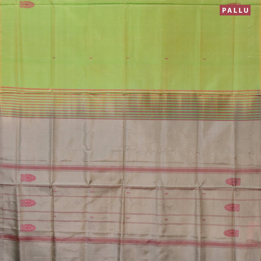 Banana pith saree dual shade of light green and grey with thread woven buttas in borderless style with blouse