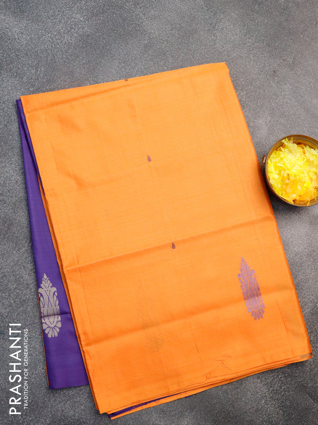 Banana pith saree orange and blue with thread woven buttas in borderless style with blouse